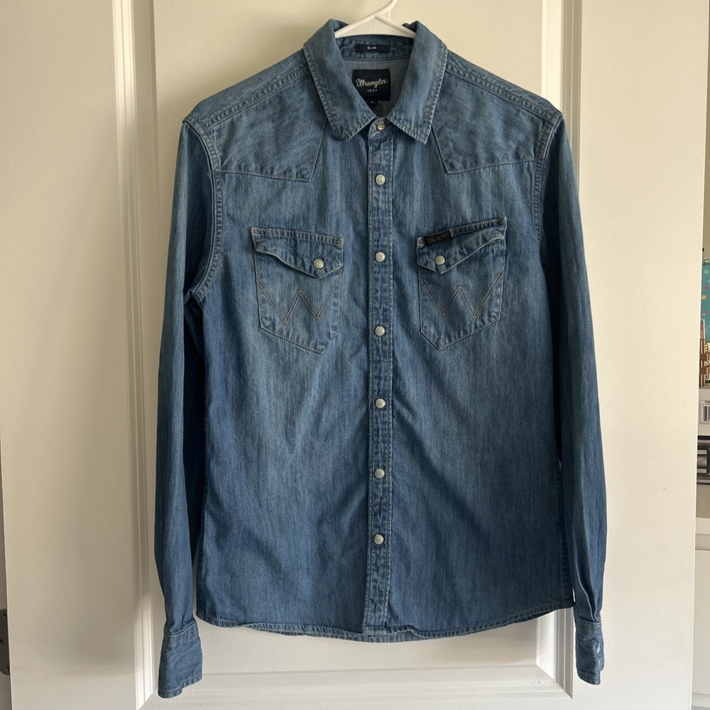 Wrangler Boys Denim Western Pearl Snap Shirt Blue Slim Fit Cowboy Size S